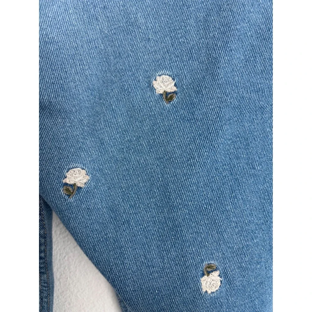 Hollister Ultra High-Rise Mom‎ Jeans Floral Embroidered Rose Blue Denim